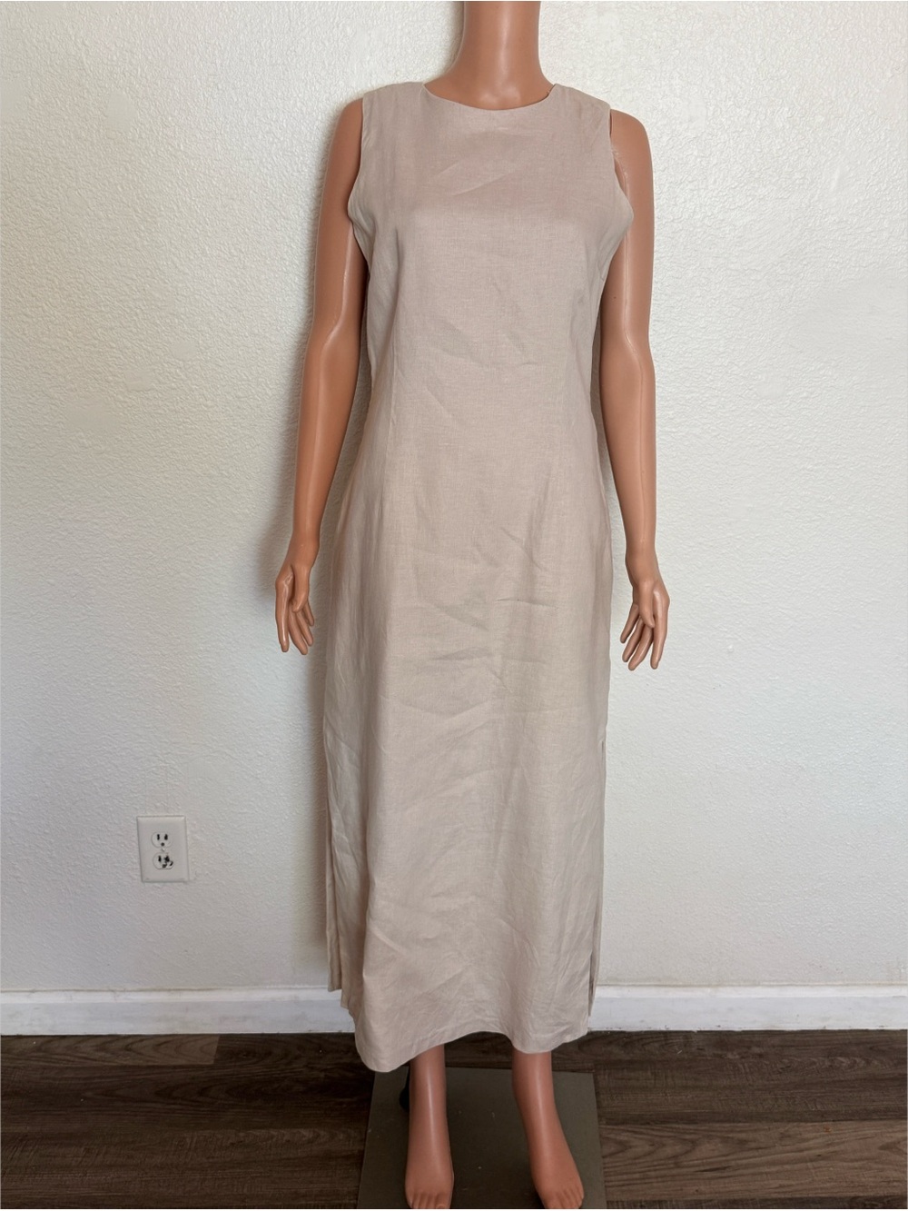 Vtg 90s Merona Beige 100% Linen Button Back Maxi Dress sz S
